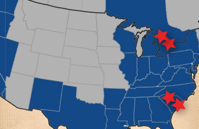 a map of the united states with red stars