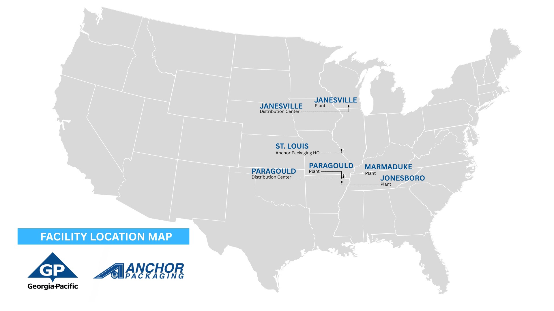 A gray map with state outlines of the United States on a white background with information on the Anchor Packaging locations. 