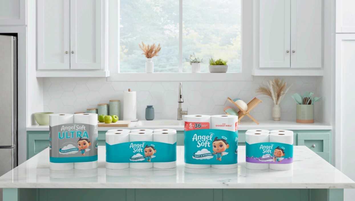 The Angel Soft® brand is bringing Angel, the character from its highly successful, first-ever animated campaign, to the brand’s new packaging. The photo depicts products in a white kitchen depicting the character. 