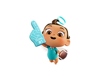 a cartoon character holding a football and a foam finger