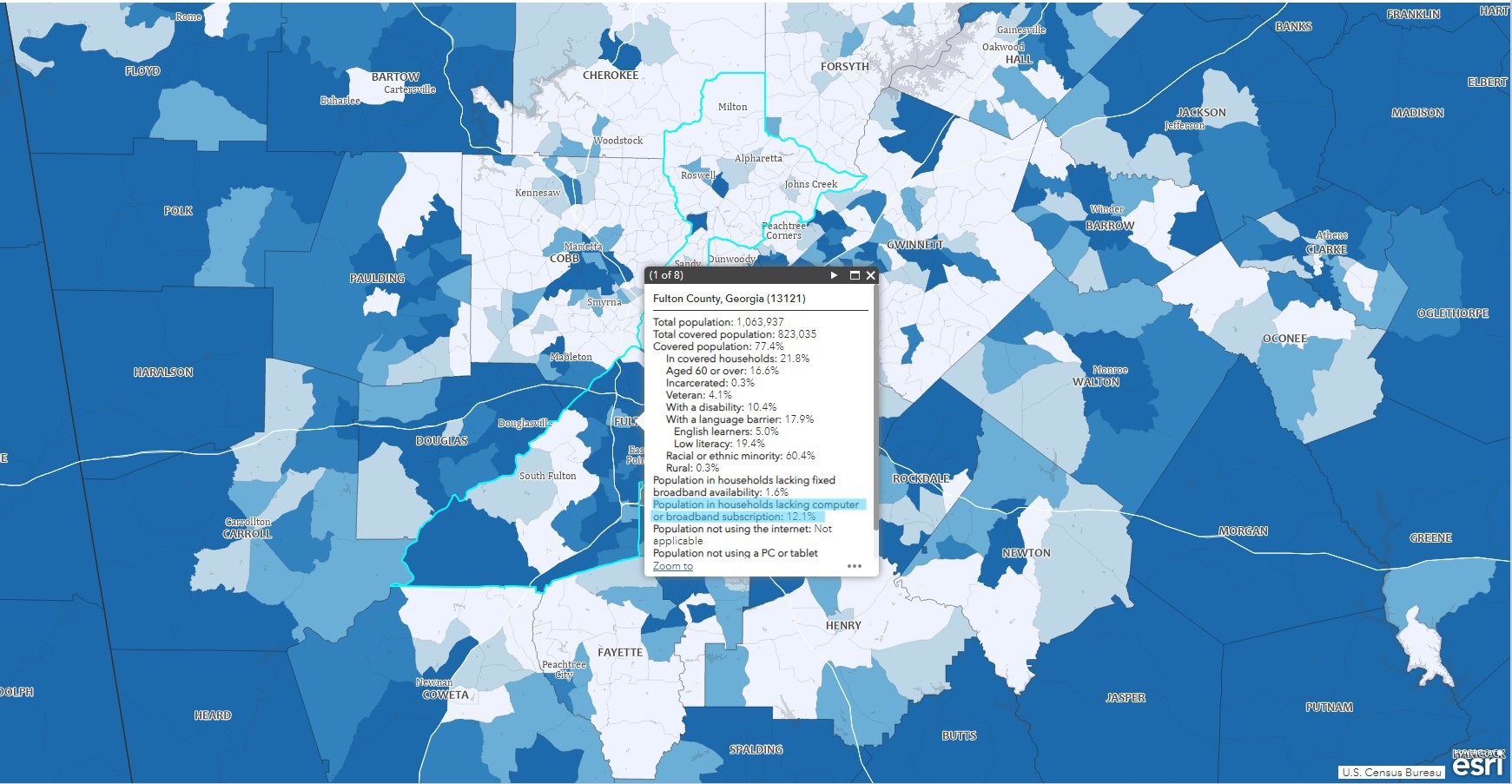 This map from the U.S. Census Bureau website shows that more than 12 percent of Fulton County households lack a computer or broadband subscription.