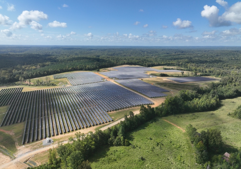 an aerial view of solar panels