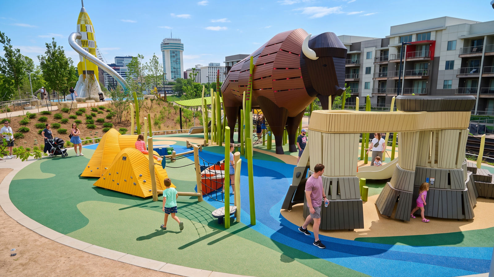 a group of people walking on a playground