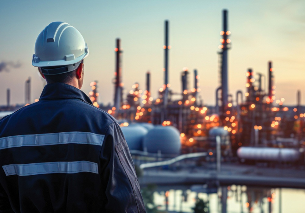 a man wearing a hard hat and a hard hat looking at a factory