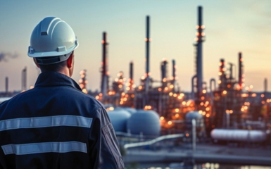 a man wearing a hard hat and a hard hat looking at a factory