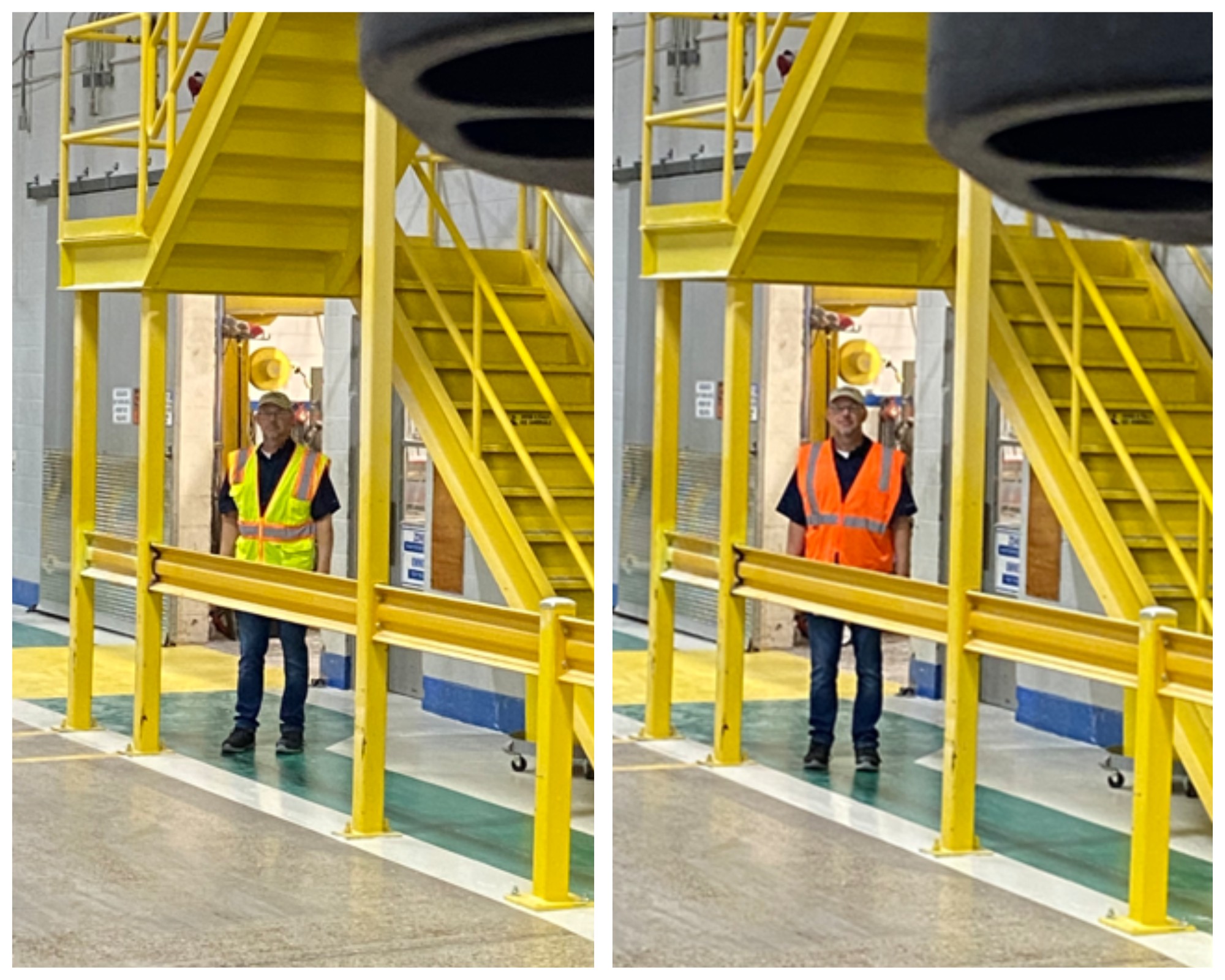 An employee demonstrates the contrast in visibility between a yellow hi-vis safety vest and an orange hi-vis safety vest. 