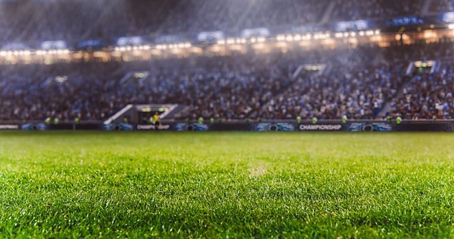 a football field with a crowd of people in the background