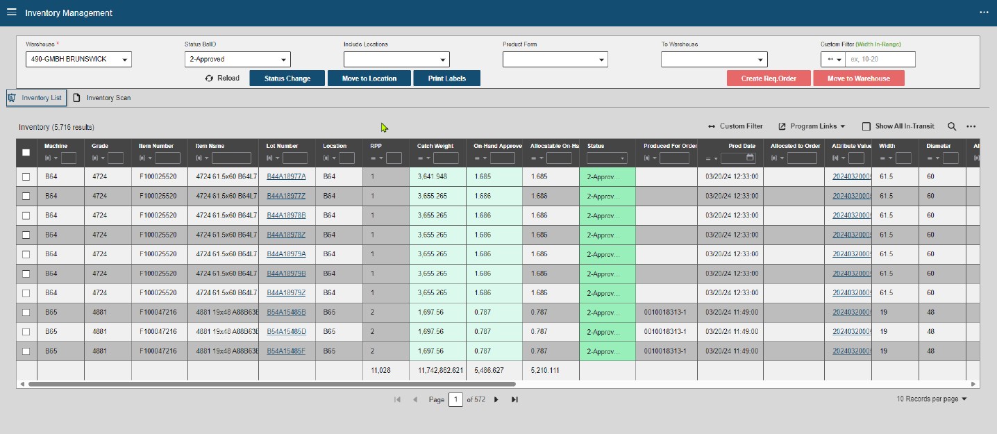 Screenshot of GP Cellulose Inventory Management app depicting product inventory information.