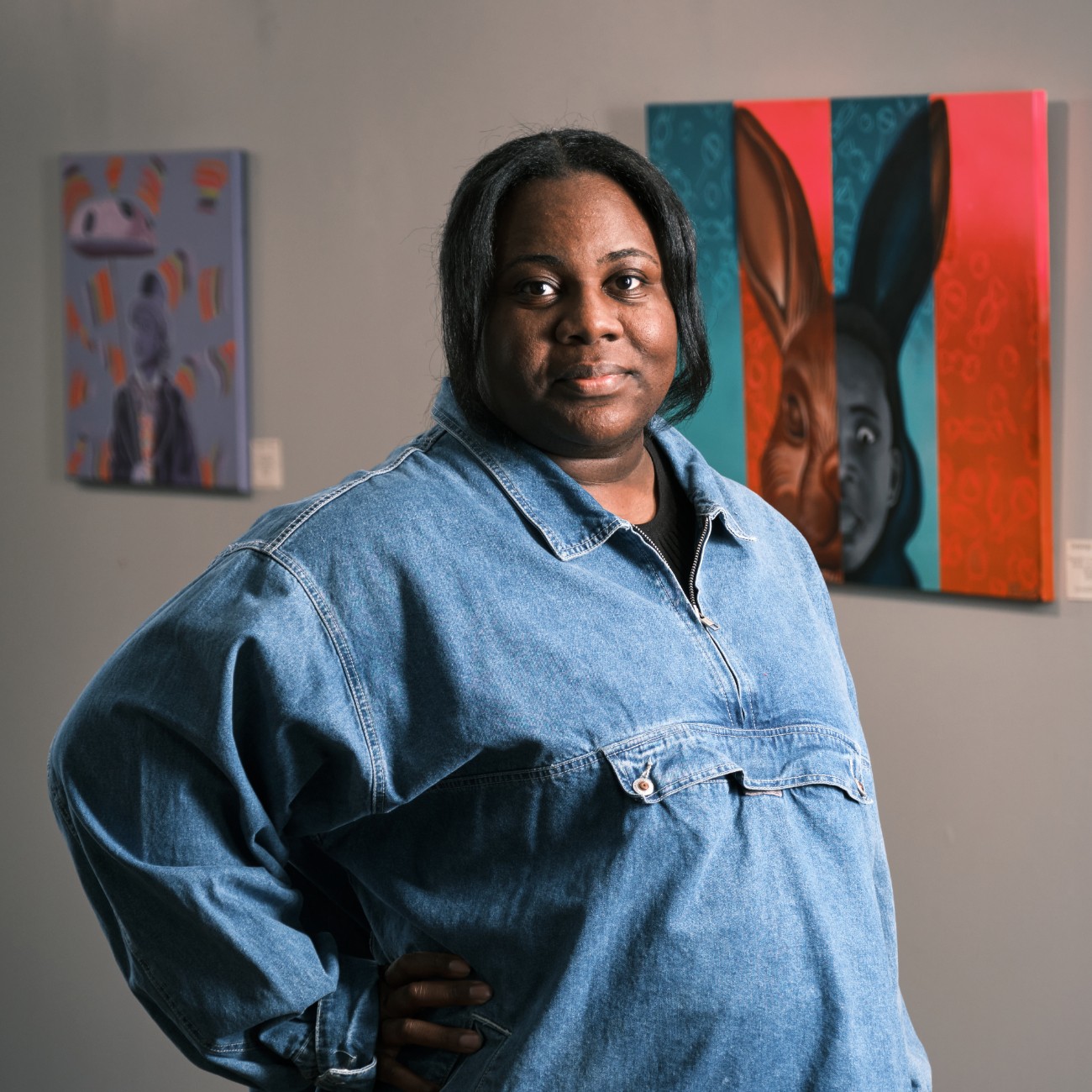 a woman in a denim shirt