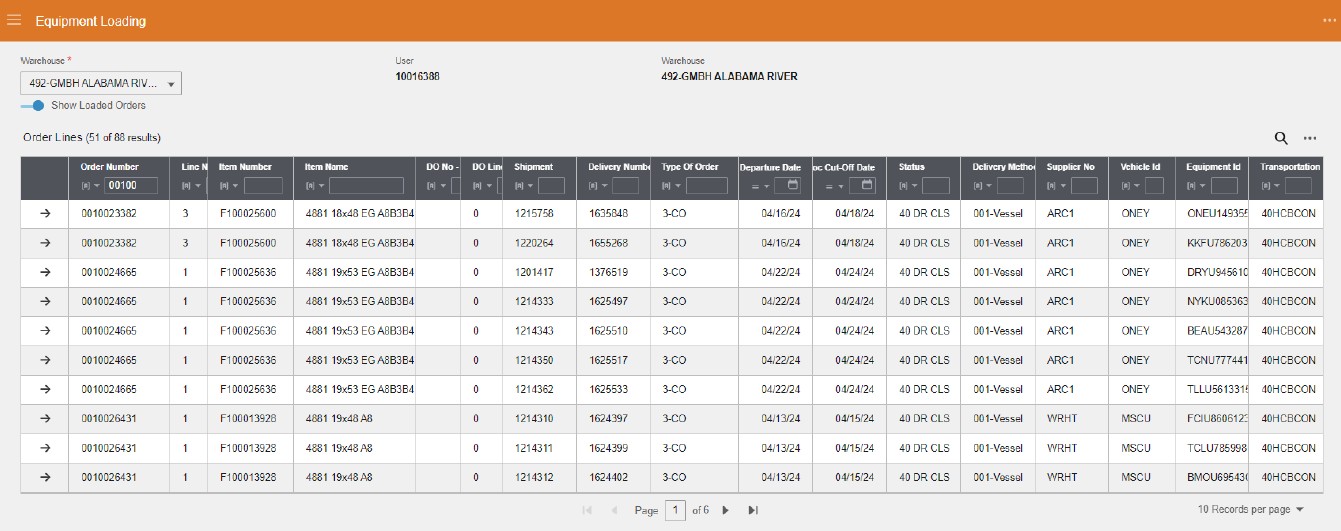 Screenshot of GP Cellulose Equipment Loading app depicting loading and shipping information.