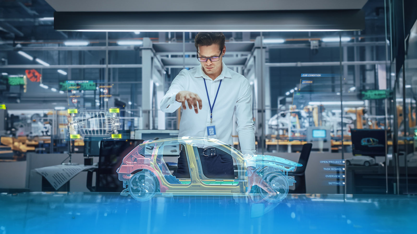 a man looking at a hologram of a car