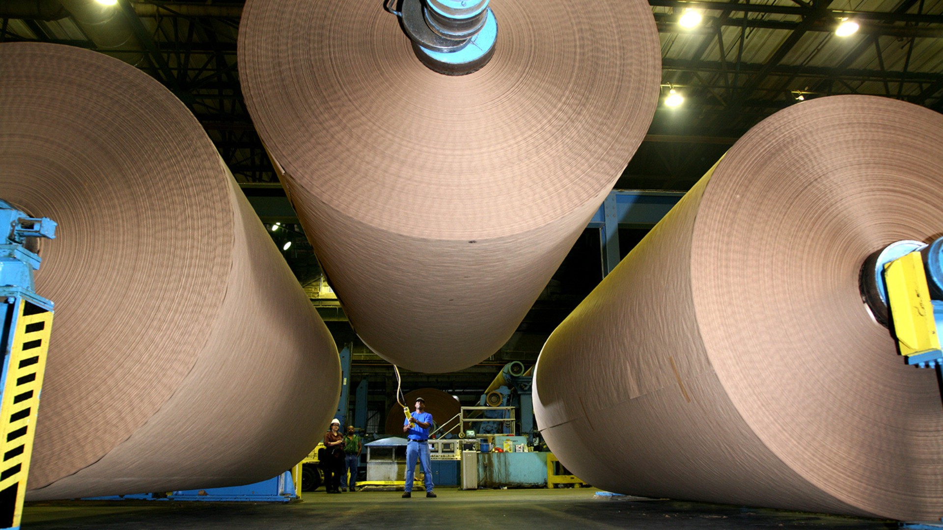 Image of three large rolls of linerboard at a manufacturing facility.