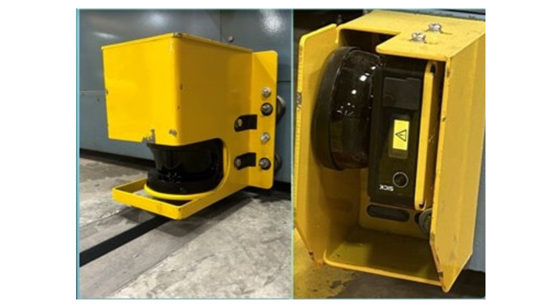 Pictured are the additional photo eyes, or sensors, that can detect objects above floor level including units hanging off a conveyor, forks of a forklift approaching, or a person.