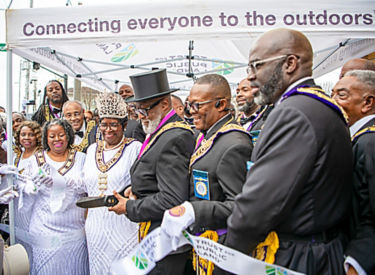 a group of people standing in a line