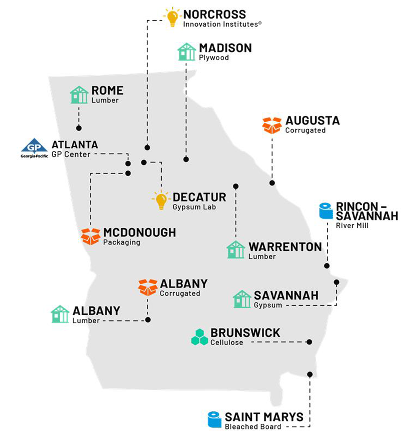 a map of a state with different cities