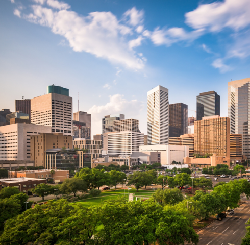 a city with trees and buildings