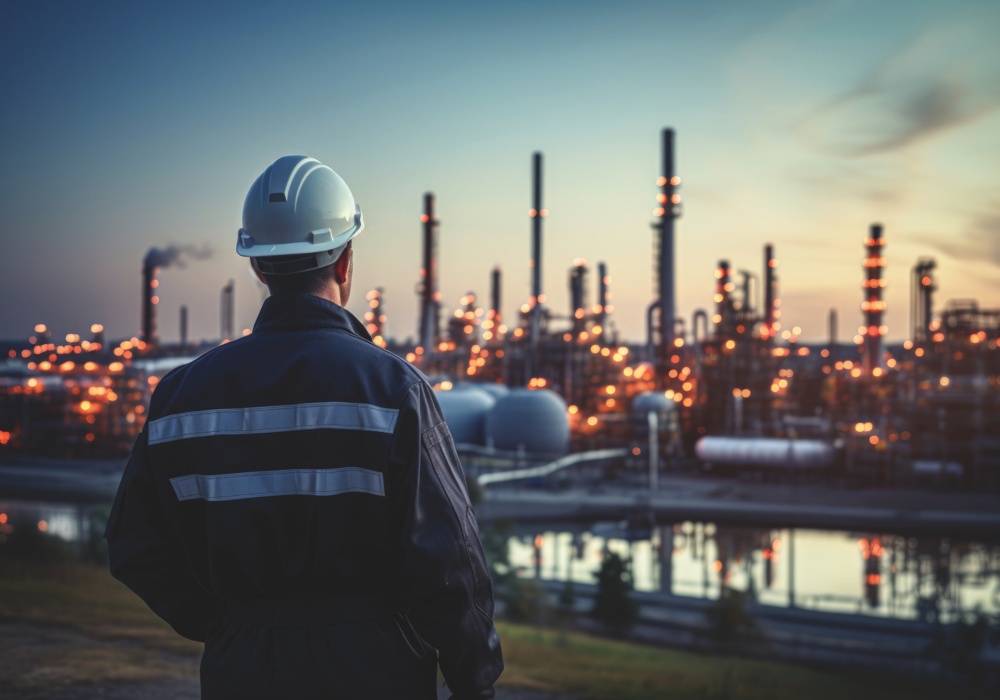a man wearing a hard hat and a hard hat looking at a factory