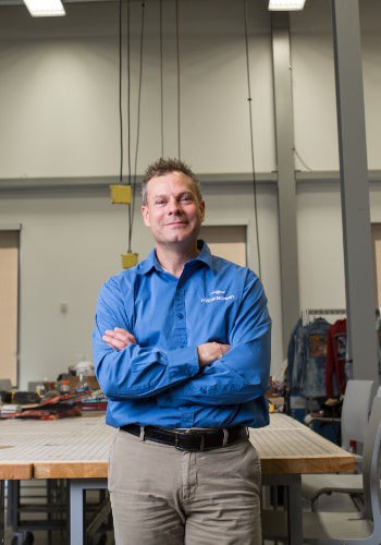 a man in a blue shirt