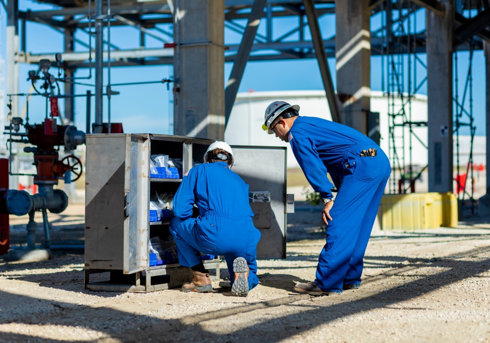 a group of people in blue overalls