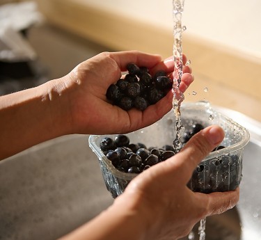 hands washing blueberries under running water