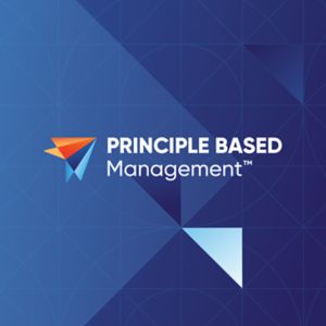 a blue background with white text and triangle shapes
