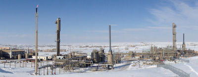 a factory in the snow